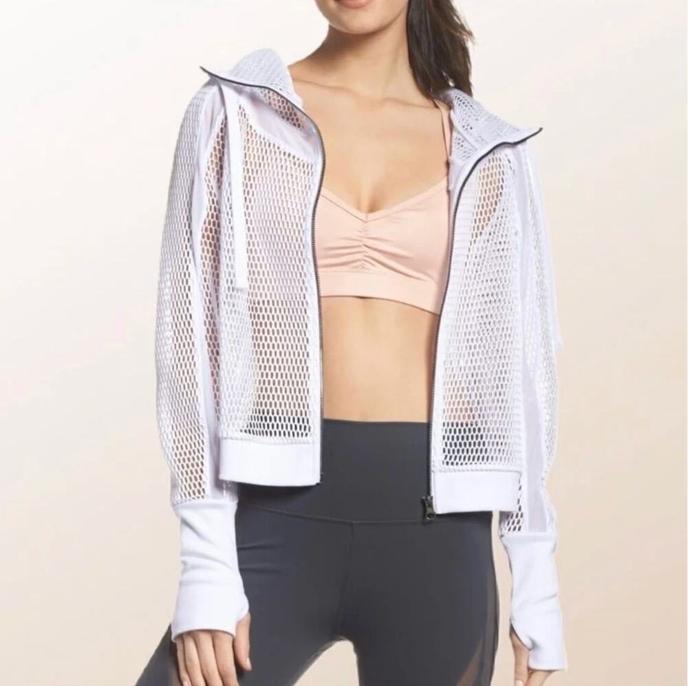 Alo Yoga Mesh Fortuna Hooded Zip-Up Jacket in White, Size Medium